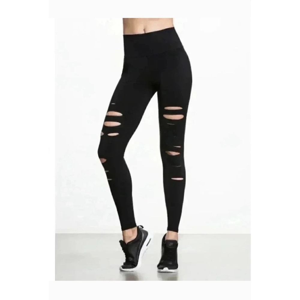 ALO Yoga High-Waisted Ripped Warrior Leggings Black Women's XXS